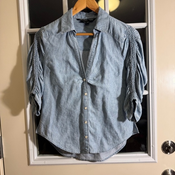 Veronica Beard Jeans Pearl Snap Shirt Chambray Ruched 3/4 Sleeves - Picture 5 of 11
